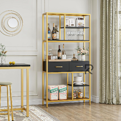 Picture of RK Modern 5 Tier Bookcase with Gold Color Metal Frame and Drawers, Wooden Bookcase for Home and Office (Black + Gold)