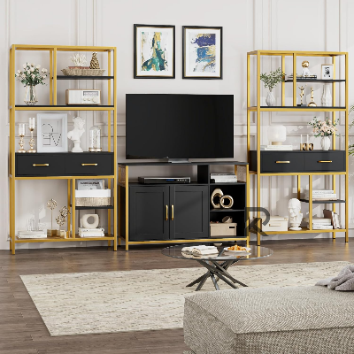 Picture of RK Modern 5 Tier Bookcase with Gold Color Metal Frame and Drawers, Wooden Bookcase for Home and Office (Black + Gold)