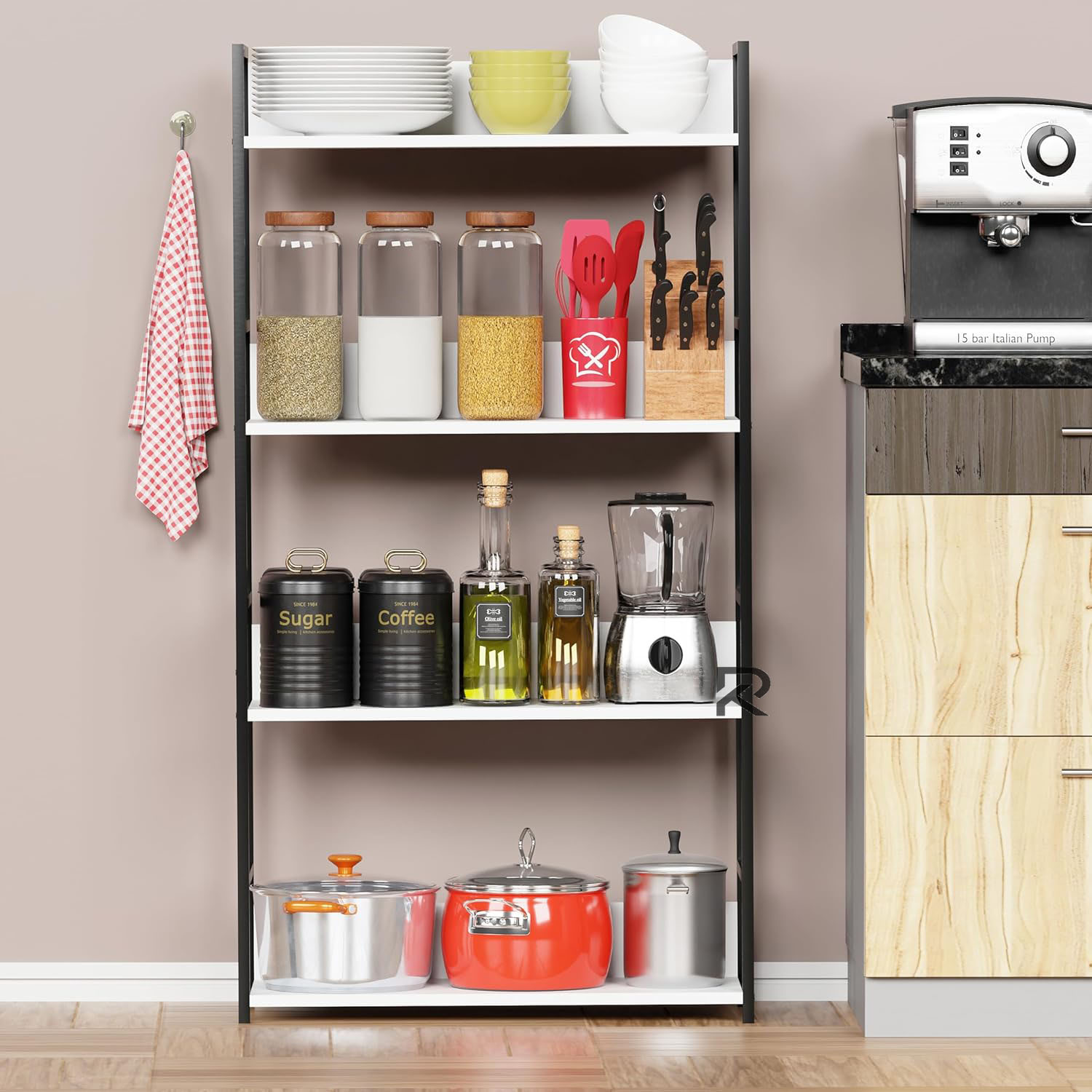 Picture of RK 4 Layer Multipurpose Rack Industrial Metal Frame with Engineered Wood Bookshelf for Kitchen, Bedroom & Living Room Stand -Black and White Finish