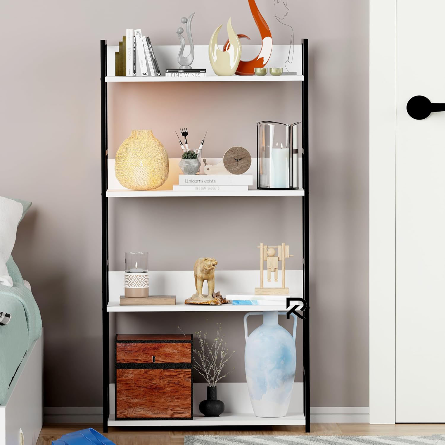 Picture of RK 4 Layer Multipurpose Rack Industrial Metal Frame with Engineered Wood Bookshelf for Kitchen, Bedroom & Living Room Stand -Black and White Finish