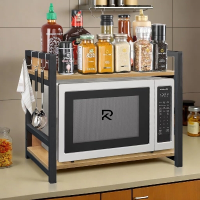 Picture of RK 2 Layer Multifunctional Rack | Kitchen Storage Shelf, Microwave Stand, Cosmetic Shelf Rack | Floor-Mount Shelf with Black Pipe Design | Crafted with Engineered Wood & Metal