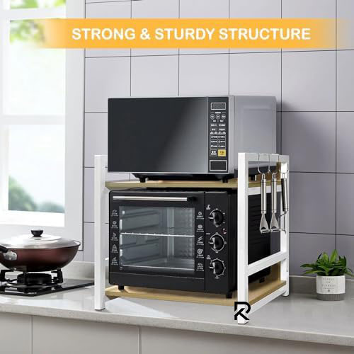 Picture of RK 2 Layer Multifunctional Rack | Kitchen Storage Shelf, Microwave Stand, Cosmetic Shelf Rack | Floor-Mount Shelf with Black Pipe Design | Crafted with Engineered Wood & Metal