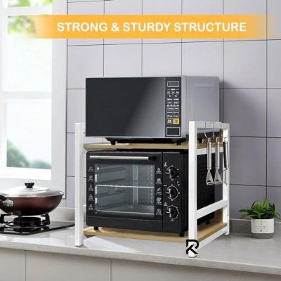 Picture of RK 2 Layer Multifunctional Rack | Kitchen Storage Shelf, Microwave Stand, Cosmetic Shelf Rack | Floor-Mount Shelf with Black Pipe Design | Crafted with Engineered Wood & Metal