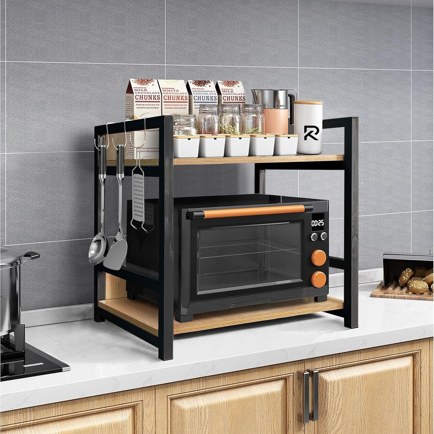 Picture of RK 2 Layer Multifunctional Rack | Kitchen Storage Shelf, Microwave Stand, Cosmetic Shelf Rack | Floor-Mount Shelf with Black Pipe Design | Crafted with Engineered Wood & Metal