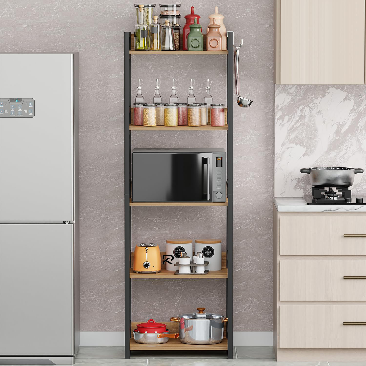 Picture of RK 5 Layer Multifunctional Rack | Kitchen Storage Shelf, Microwave Stand, Cosmetic Shelf Rack | Floor-Mount Shelf with Black Pipe Design | Crafted with Engineered Wood & Metal-Black  &  Beige  Finish