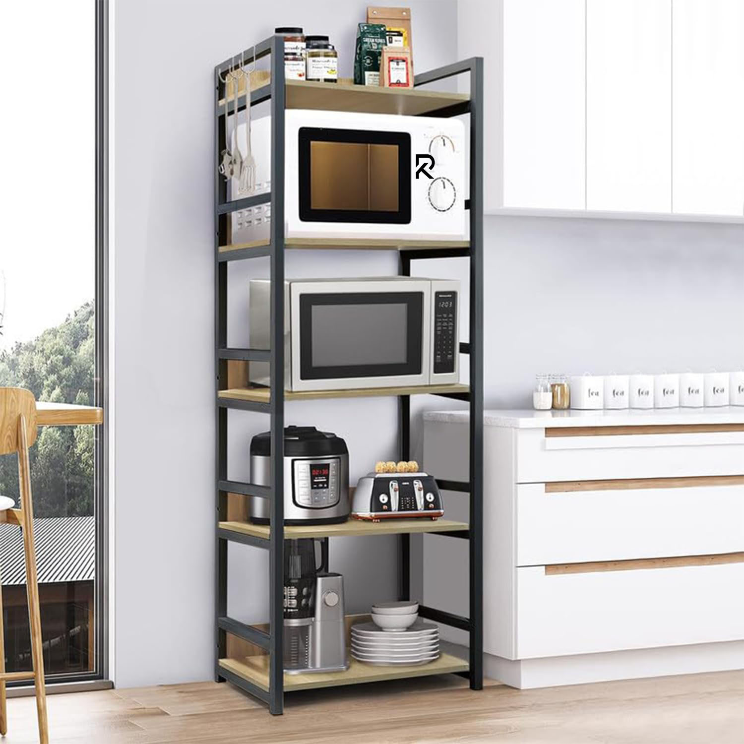 Picture of RK 5 Layer Multifunctional Rack | Kitchen Storage Shelf, Microwave Stand, Cosmetic Shelf Rack | Floor-Mount Shelf with Black Pipe Design | Crafted with Engineered Wood & Metal-Black  &  Beige  Finish