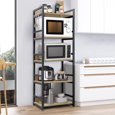 Picture of RK 5 Layer Multifunctional Rack | Kitchen Storage Shelf, Microwave Stand, Cosmetic Shelf Rack | Floor-Mount Shelf with Black Pipe Design | Crafted with Engineered Wood & Metal-Black  &  Beige  Finish