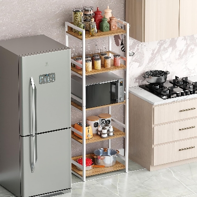 Picture of RK 5 Layer Multifunctional Rack | Kitchen Storage Shelf, Microwave Stand, Cosmetic Shelf Rack | Floor-Mount Shelf with Black Pipe Design | Crafted with Engineered Wood & Metal-White & Beige  Finish