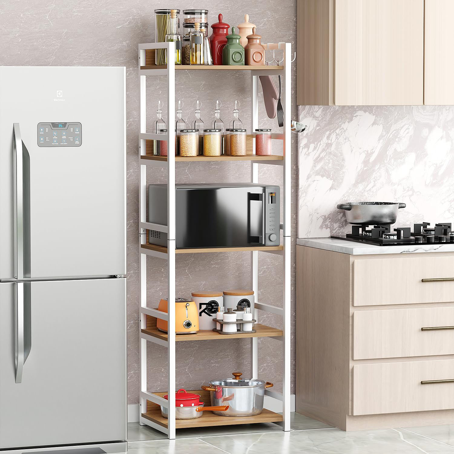 Picture of RK 5 Layer Multifunctional Rack | Kitchen Storage Shelf, Microwave Stand, Cosmetic Shelf Rack | Floor-Mount Shelf with Black Pipe Design | Crafted with Engineered Wood & Metal-White & Beige  Finish