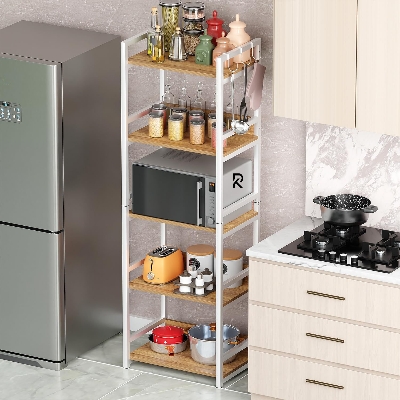 Picture of RK 5 Layer Multifunctional Rack | Kitchen Storage Shelf, Microwave Stand, Cosmetic Shelf Rack | Floor-Mount Shelf with Black Pipe Design | Crafted with Engineered Wood & Metal-White & Beige  Finish