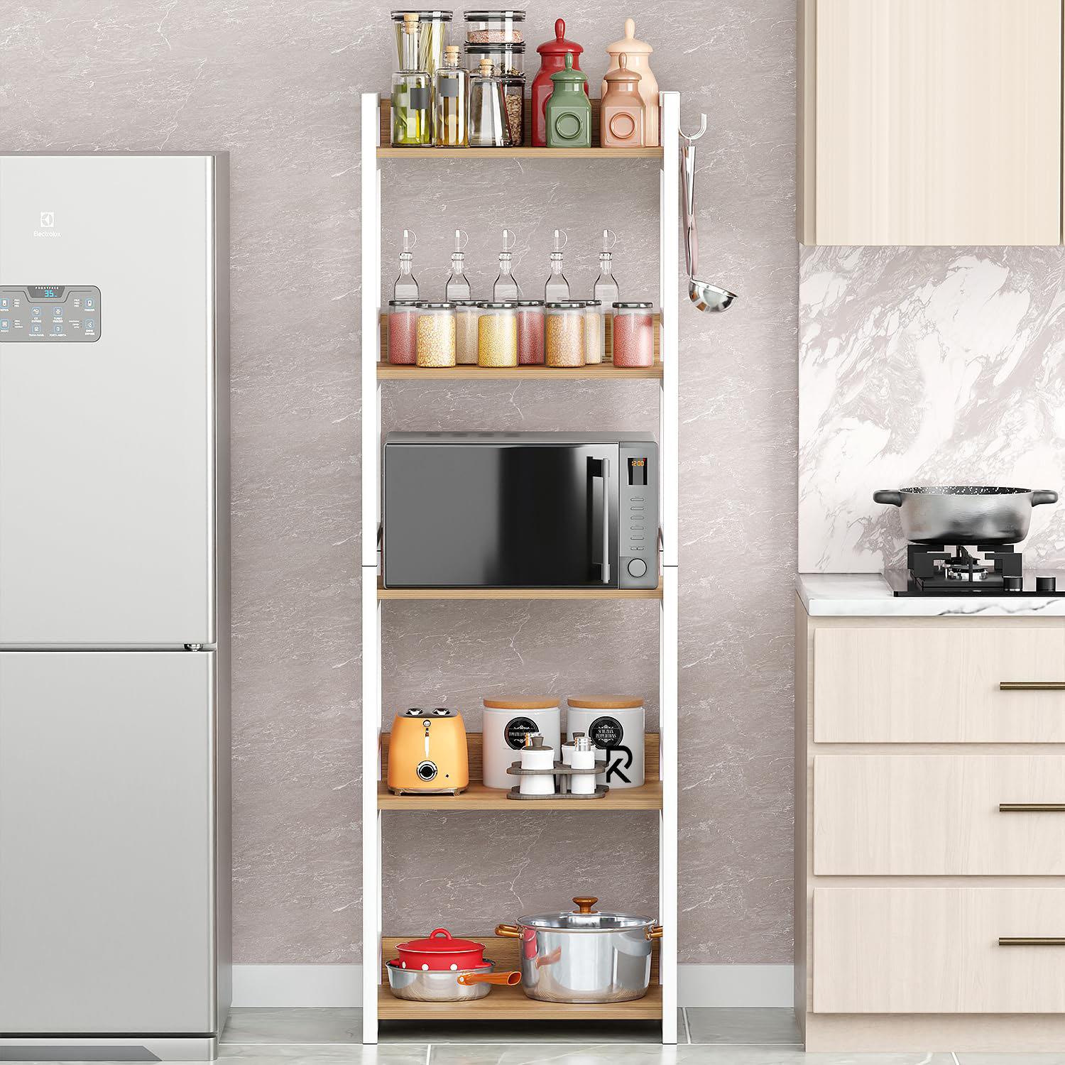 Picture of RK 5 Layer Multifunctional Rack | Kitchen Storage Shelf, Microwave Stand, Cosmetic Shelf Rack | Floor-Mount Shelf with Black Pipe Design | Crafted with Engineered Wood & Metal-White & Beige  Finish