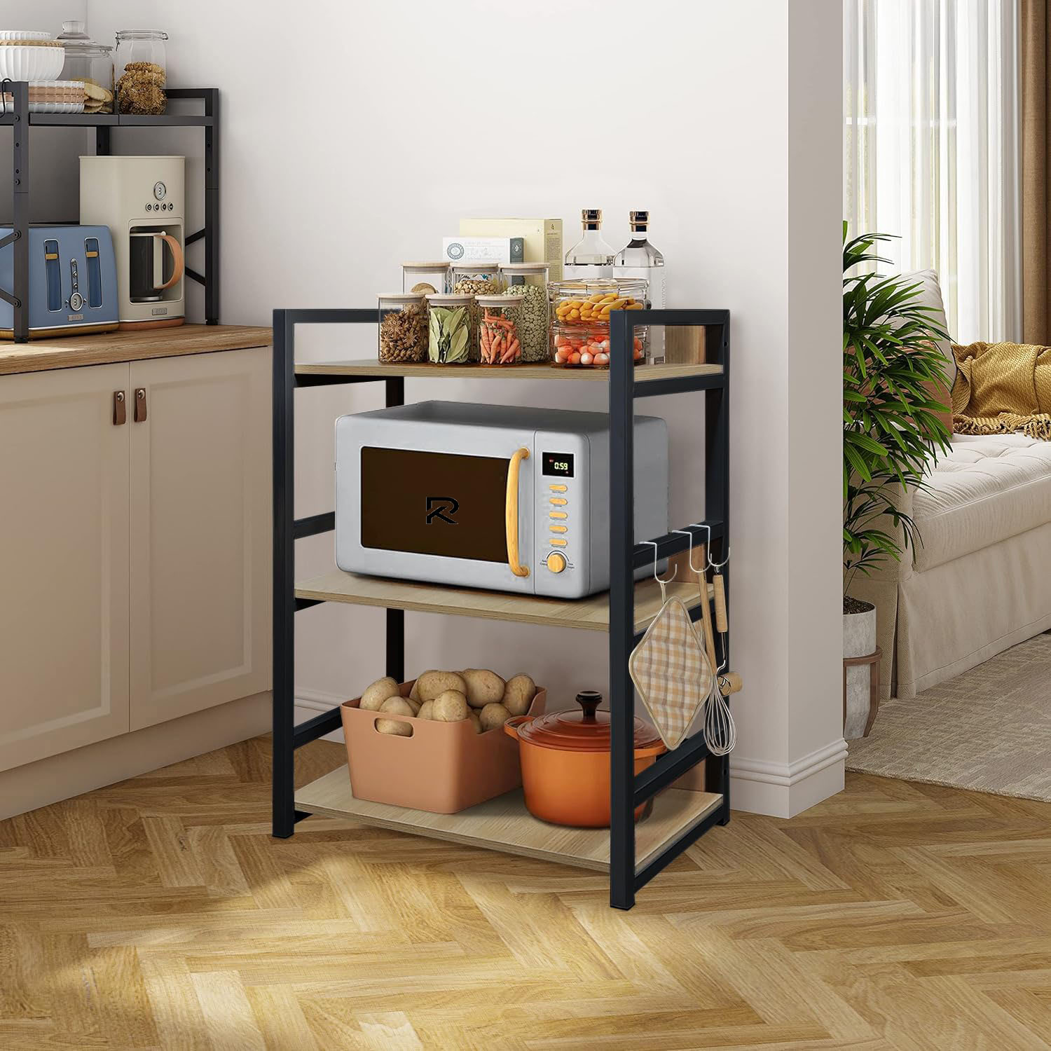 Picture of RK 3 Layer Multifunctional Rack | Kitchen Storage Shelf, Microwave Stand, Cosmetic Shelf Rack | Floor-Mount Shelf with Black Pipe Design | Crafted with Engineered Wood & Metal-Black  &  Beige  Finish