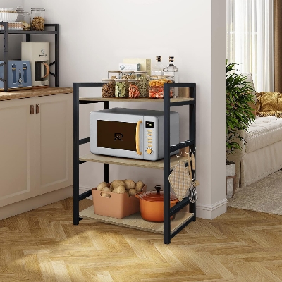Picture of RK 3 Layer Multifunctional Rack | Kitchen Storage Shelf, Microwave Stand, Cosmetic Shelf Rack | Floor-Mount Shelf with Black Pipe Design | Crafted with Engineered Wood & Metal-Black  &  Beige  Finish