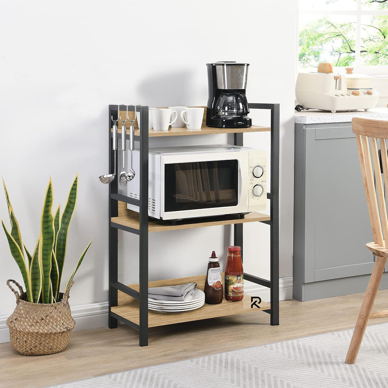 Picture of RK 3 Layer Multifunctional Rack | Kitchen Storage Shelf, Microwave Stand, Cosmetic Shelf Rack | Floor-Mount Shelf with Black Pipe Design | Crafted with Engineered Wood & Metal-Black  &  Beige  Finish