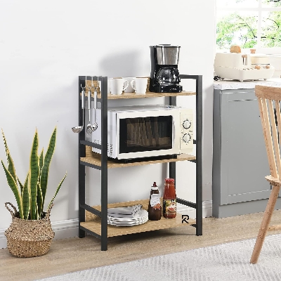 Picture of RK 3 Layer Multifunctional Rack | Kitchen Storage Shelf, Microwave Stand, Cosmetic Shelf Rack | Floor-Mount Shelf with Black Pipe Design | Crafted with Engineered Wood & Metal-Black  &  Beige  Finish