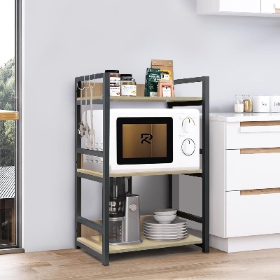 Picture of RK 3 Layer Multifunctional Rack | Kitchen Storage Shelf, Microwave Stand, Cosmetic Shelf Rack | Floor-Mount Shelf with Black Pipe Design | Crafted with Engineered Wood & Metal-Black  &  Beige  Finish