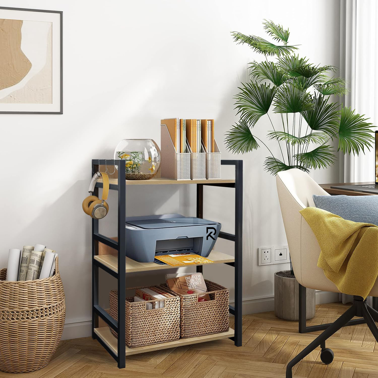 Picture of RK 3 Layer Multifunctional Rack | Kitchen Storage Shelf, Microwave Stand, Cosmetic Shelf Rack | Floor-Mount Shelf with Black Pipe Design | Crafted with Engineered Wood & Metal-Black  &  Beige  Finish