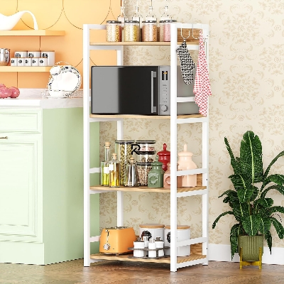 Picture of RK 4 Layer Multifunctional Rack | Kitchen Storage Shelf, Microwave Stand, Cosmetic Shelf Rack | Floor-Mount Shelf with Black Pipe Design | Crafted with Engineered Wood & Metal-White & Beige  Finish