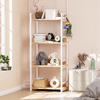 Picture of RK 4 Layer Multifunctional Rack | Kitchen Storage Shelf, Microwave Stand, Cosmetic Shelf Rack | Floor-Mount Shelf with Black Pipe Design | Crafted with Engineered Wood & Metal-White & Beige  Finish