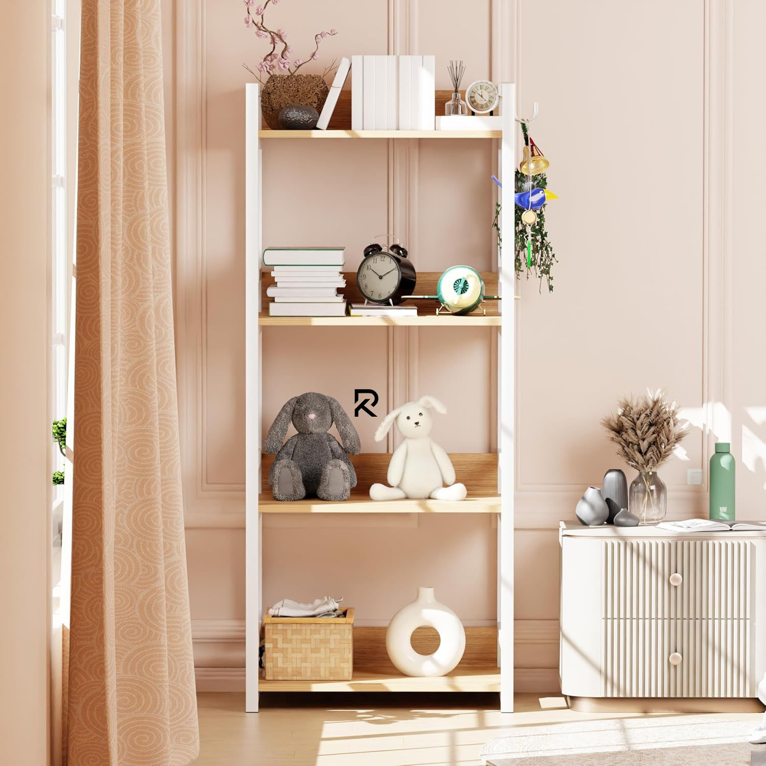 Picture of RK 4 Layer Multifunctional Rack | Kitchen Storage Shelf, Microwave Stand, Cosmetic Shelf Rack | Floor-Mount Shelf with Black Pipe Design | Crafted with Engineered Wood & Metal-White & Beige  Finish