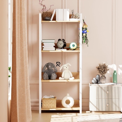 Picture of RK 4 Layer Multifunctional Rack | Kitchen Storage Shelf, Microwave Stand, Cosmetic Shelf Rack | Floor-Mount Shelf with Black Pipe Design | Crafted with Engineered Wood & Metal-White & Beige  Finish