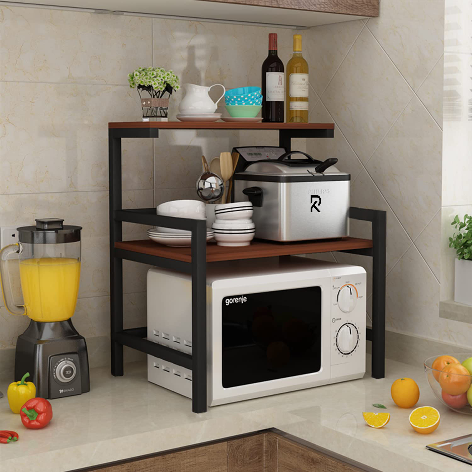 Picture of RK 3-Layer Microwave Stand, Otg Stand, Microwave Oven Rack, Kitchen Storage Shelf (Walnut Brown & Black Pipe, Alloy Steel; Engineered Wood, Tiered Shelf)