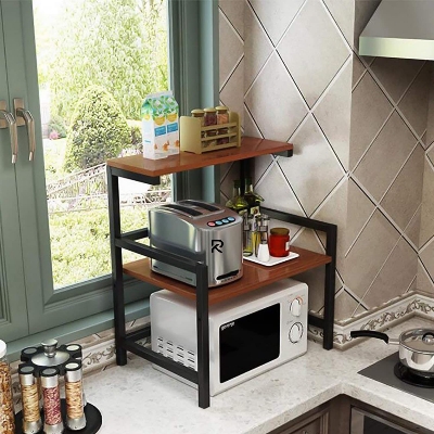 Picture of RK 3-Layer Microwave Stand, Otg Stand, Microwave Oven Rack, Kitchen Storage Shelf (Walnut Brown & Black Pipe, Alloy Steel; Engineered Wood, Tiered Shelf)