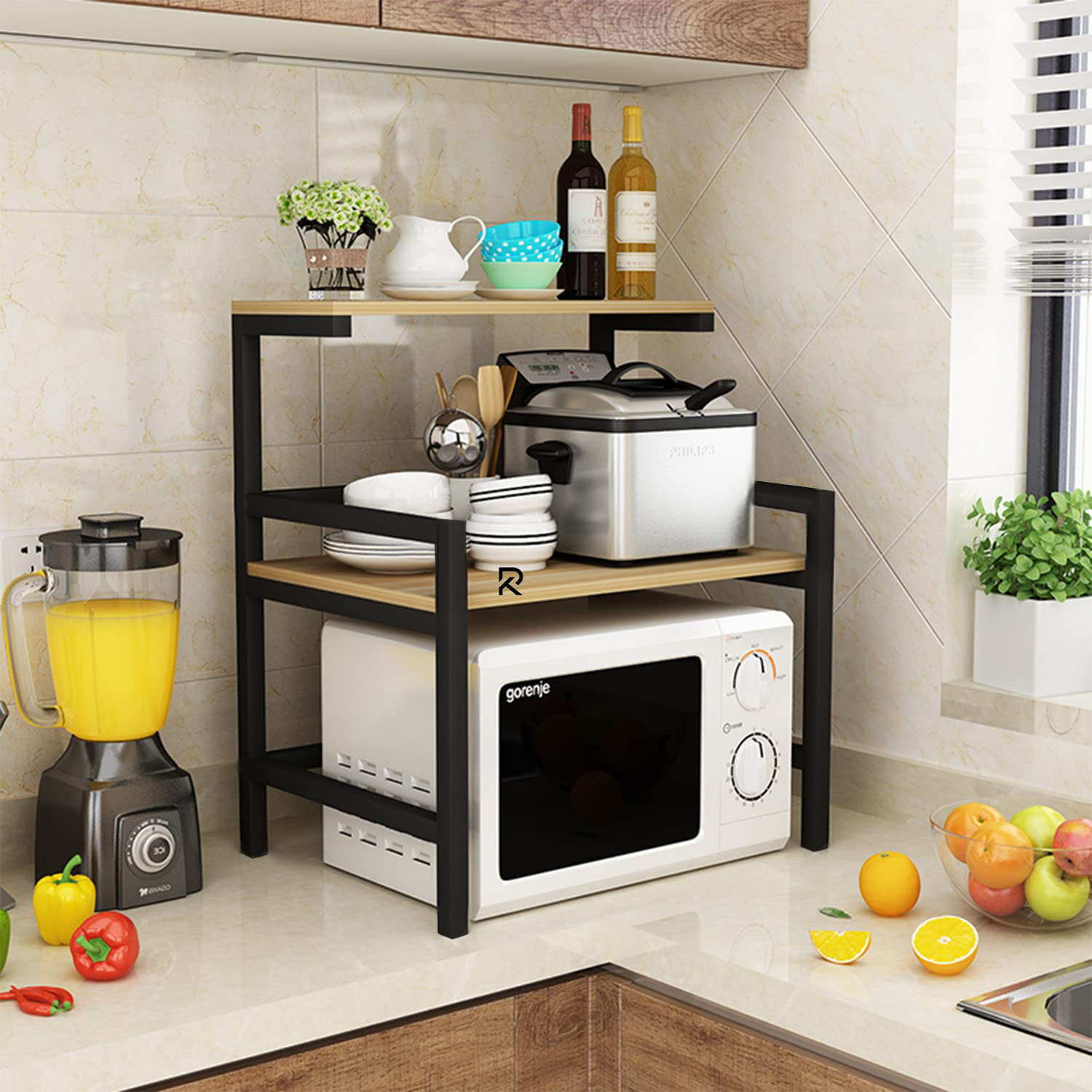 Picture of RK 3-Layer Microwave Stand, Otg Stand, Microwave Oven Rack, Kitchen Storage Shelf (Walnut Brown & Black Pipe, Alloy Steel; Engineered Wood, Tiered Shelf)