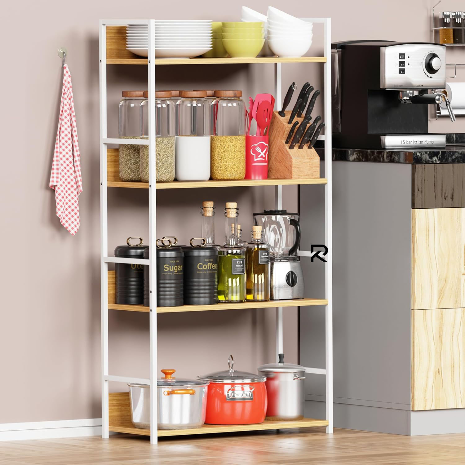 Picture of RK 4 Layer Multipurpose Rack Industrial Metal Frame with Engineered Wood Bookshelf for Kitchen, Bedroom & Living Room Stand -White-Beige Finish