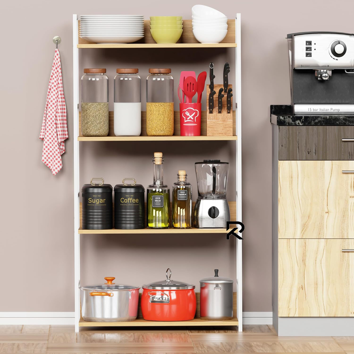 Picture of RK 4 Layer Multipurpose Rack Industrial Metal Frame with Engineered Wood Bookshelf for Kitchen, Bedroom & Living Room Stand -White-Beige Finish