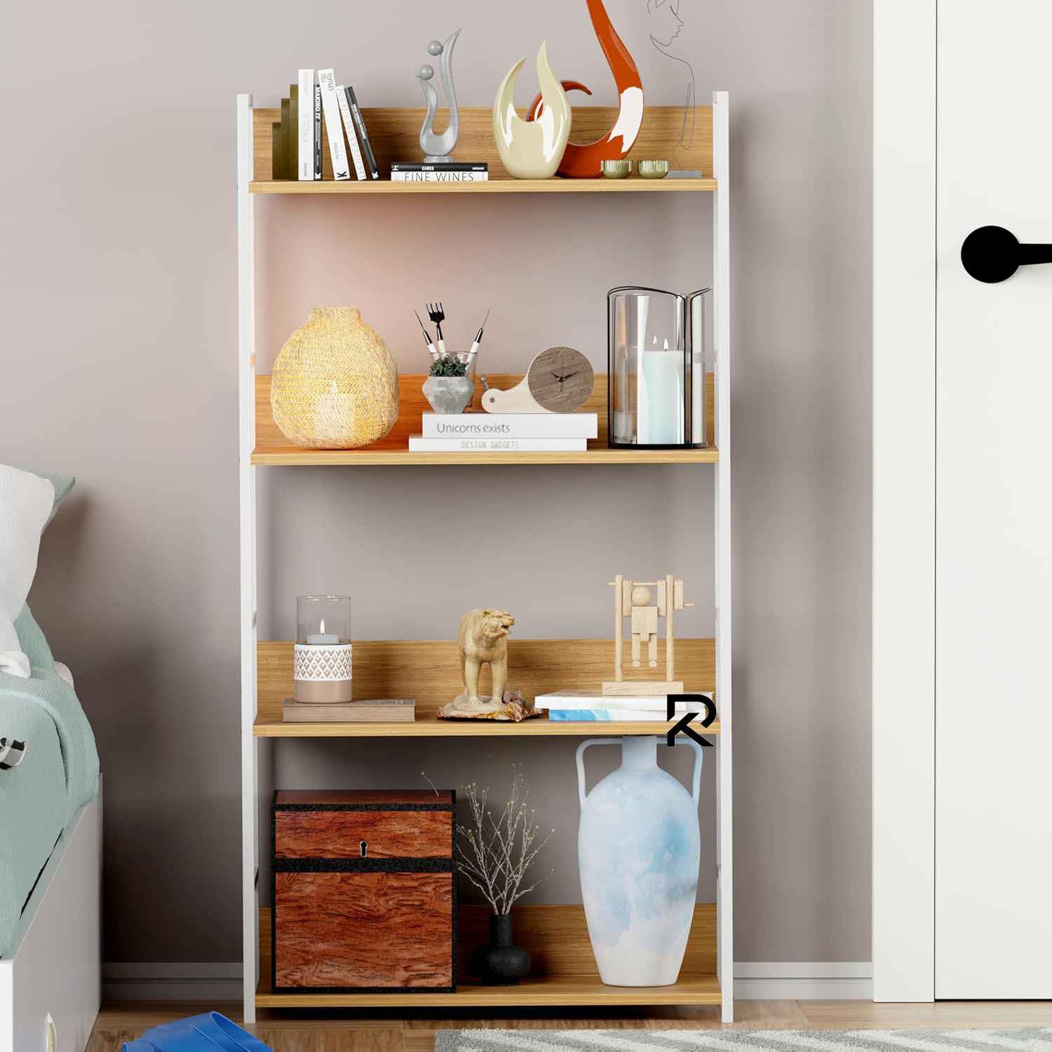 Picture of RK 4 Layer Multipurpose Rack Industrial Metal Frame with Engineered Wood Bookshelf for Kitchen, Bedroom & Living Room Stand -White-Beige Finish