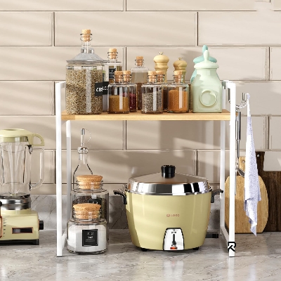 Picture of RK 1 Tier Multifunctional Rack | Kitchen Storage Shelf, Microwave Stand, Cosmetic Shelf Rack | Floor-Mount Shelf with Black Pipe Design | Crafted with Engineered Wood & Metal