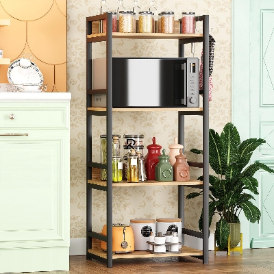 Picture of RK 4 Layer Multifunctional Rack | Kitchen Storage Shelf, Microwave Stand, Cosmetic Shelf Rack | Floor-Mount Shelf with Black Pipe Design | Crafted with Engineered Wood & Metal-Black  &  Beige  Finish