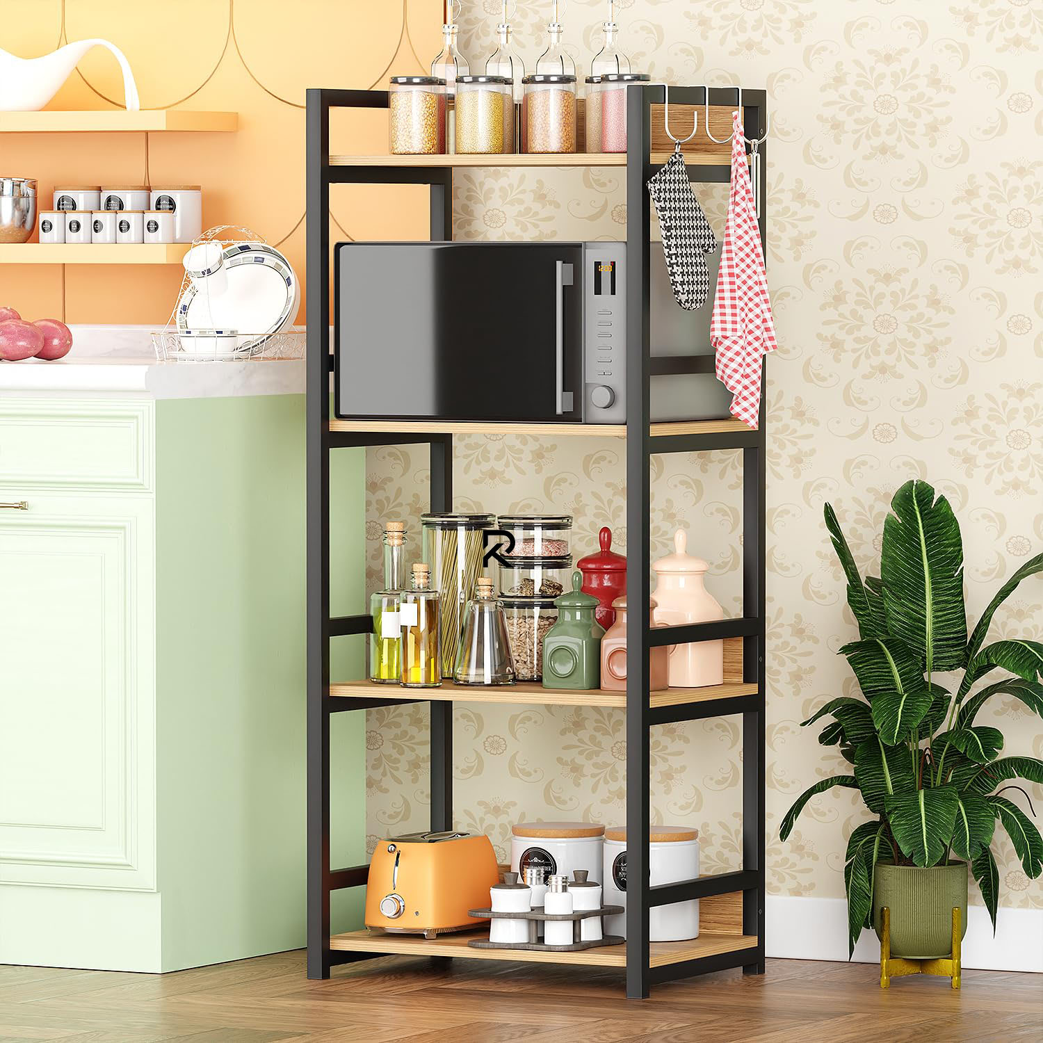 Picture of RK 4 Layer Multifunctional Rack | Kitchen Storage Shelf, Microwave Stand, Cosmetic Shelf Rack | Floor-Mount Shelf with Black Pipe Design | Crafted with Engineered Wood & Metal-Black  &  Beige  Finish