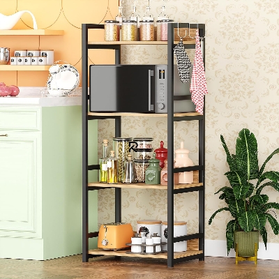 Picture of RK 4 Layer Multifunctional Rack | Kitchen Storage Shelf, Microwave Stand, Cosmetic Shelf Rack | Floor-Mount Shelf with Black Pipe Design | Crafted with Engineered Wood & Metal-Black  &  Beige  Finish