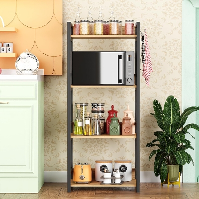 Picture of RK 4 Layer Multifunctional Rack | Kitchen Storage Shelf, Microwave Stand, Cosmetic Shelf Rack | Floor-Mount Shelf with Black Pipe Design | Crafted with Engineered Wood & Metal-Black  &  Beige  Finish