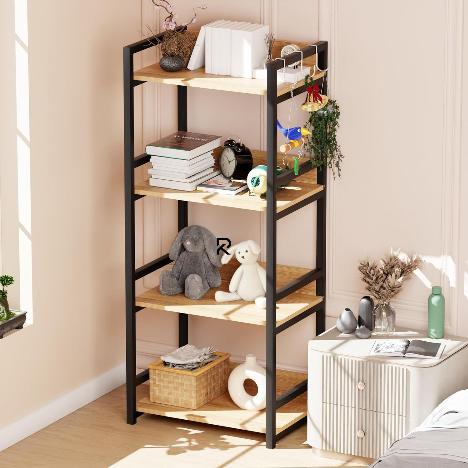 Picture of RK 4 Layer Multifunctional Rack | Kitchen Storage Shelf, Microwave Stand, Cosmetic Shelf Rack | Floor-Mount Shelf with Black Pipe Design | Crafted with Engineered Wood & Metal-Black  &  Beige  Finish