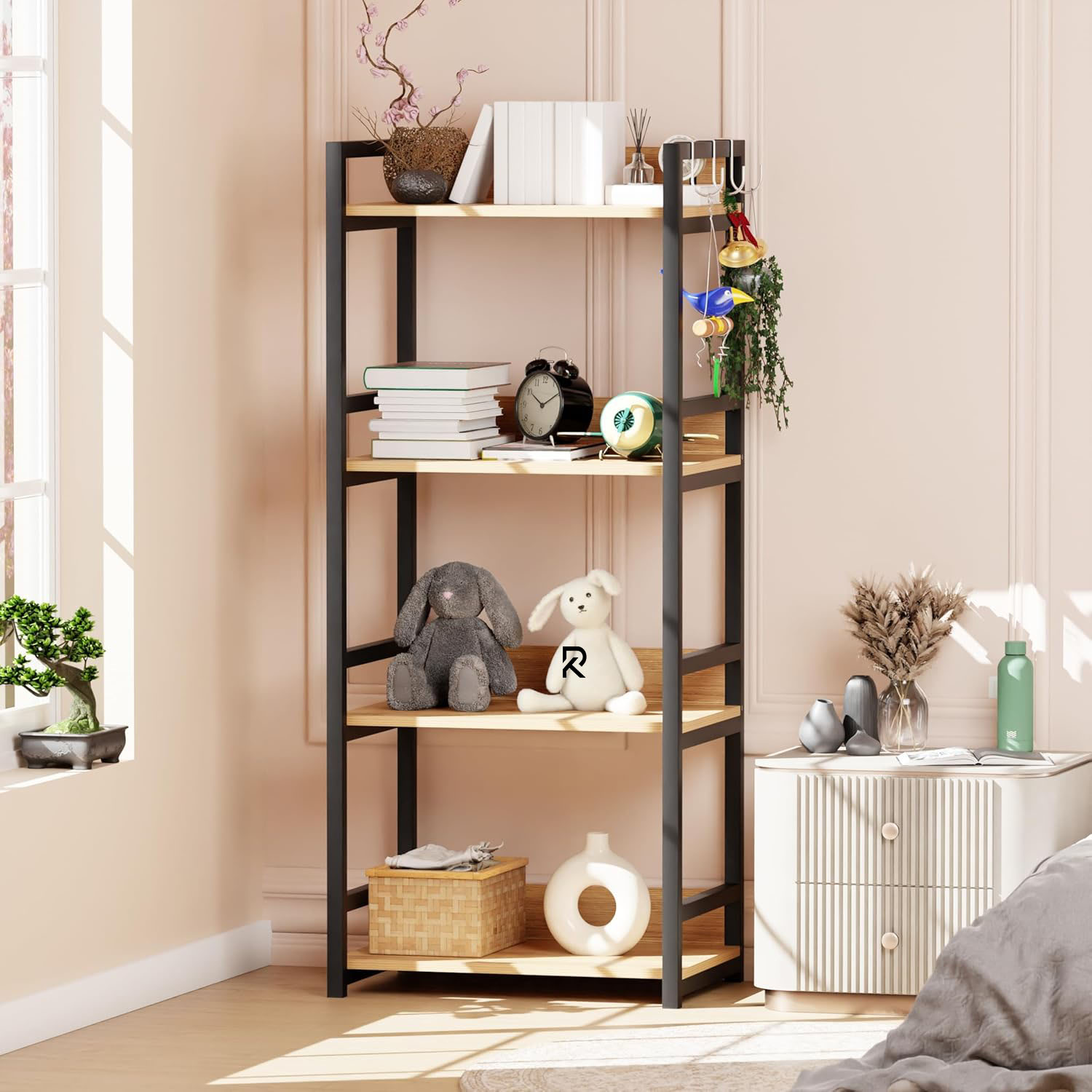 Picture of RK 4 Layer Multifunctional Rack | Kitchen Storage Shelf, Microwave Stand, Cosmetic Shelf Rack | Floor-Mount Shelf with Black Pipe Design | Crafted with Engineered Wood & Metal-Black  &  Beige  Finish