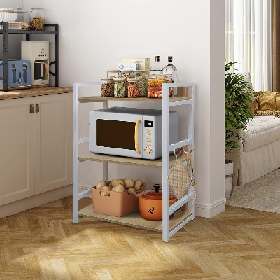 Picture of RK 3 Layer Multifunctional Rack | Kitchen Storage Shelf, Microwave Stand, Cosmetic Shelf Rack | Floor-Mount Shelf with Black Pipe Design | Crafted with Engineered Wood & Metal-White  &  Beige  Finish