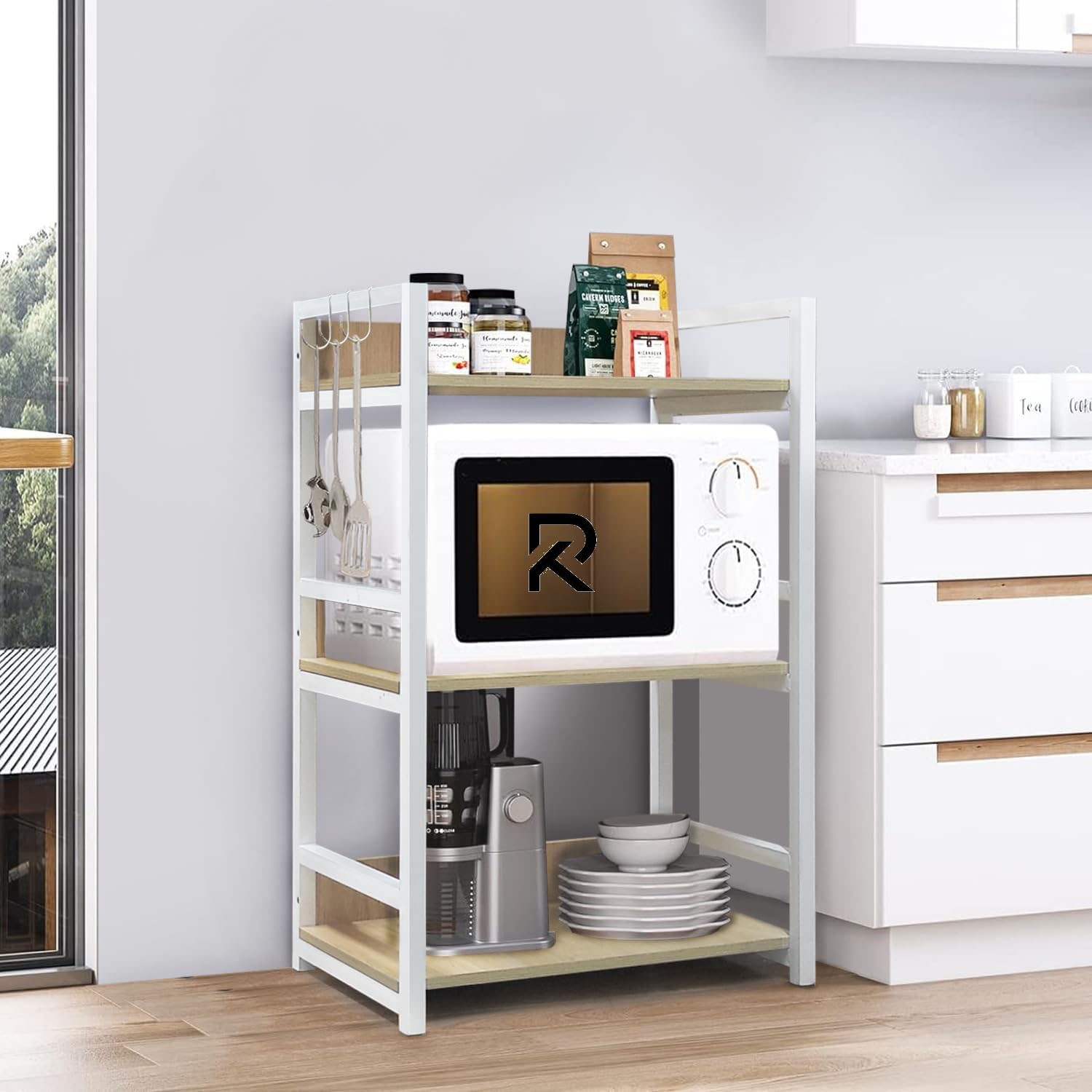 Picture of RK 3 Layer Multifunctional Rack | Kitchen Storage Shelf, Microwave Stand, Cosmetic Shelf Rack | Floor-Mount Shelf with Black Pipe Design | Crafted with Engineered Wood & Metal-White  &  Beige  Finish