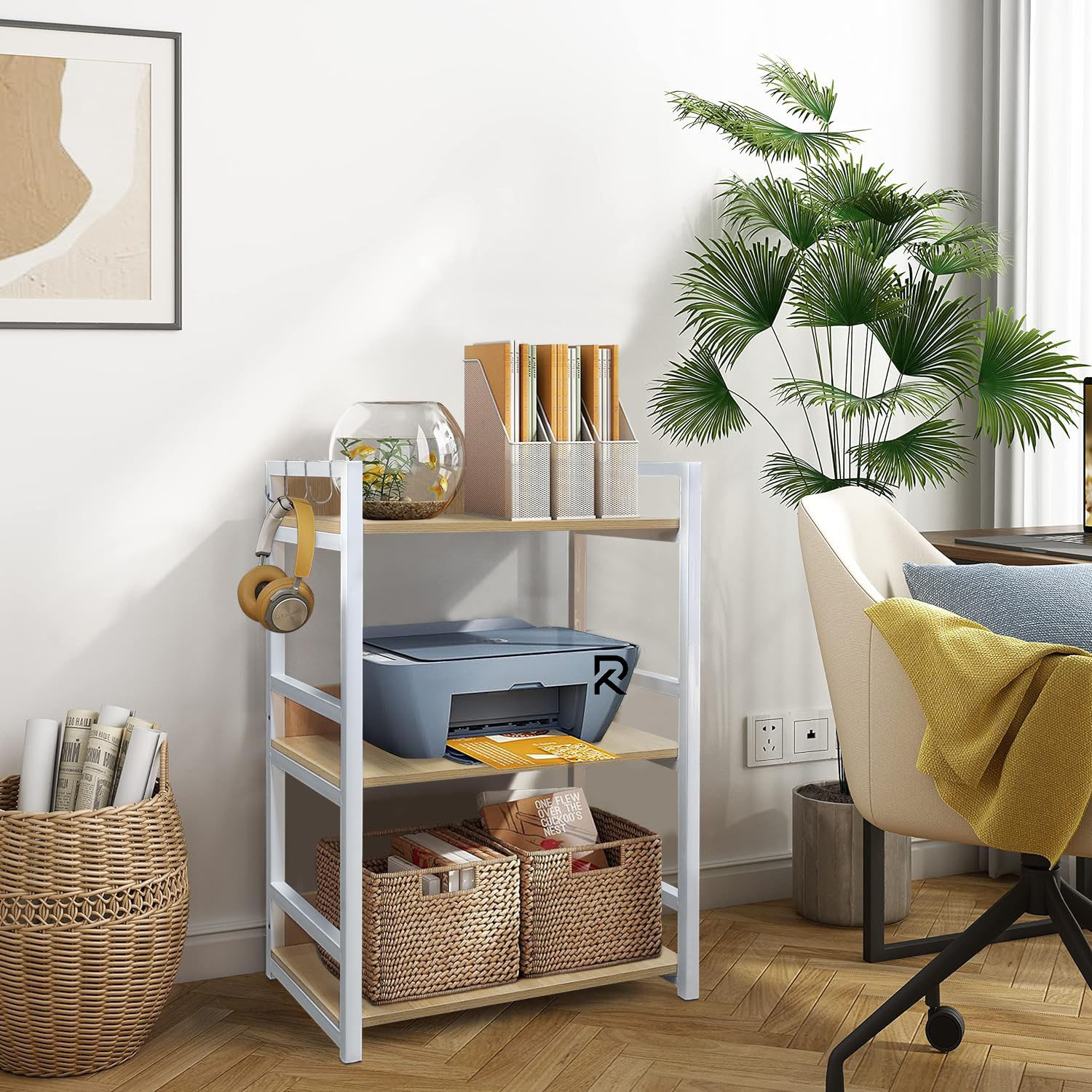 Picture of RK 3 Layer Multifunctional Rack | Kitchen Storage Shelf, Microwave Stand, Cosmetic Shelf Rack | Floor-Mount Shelf with Black Pipe Design | Crafted with Engineered Wood & Metal-White  &  Beige  Finish