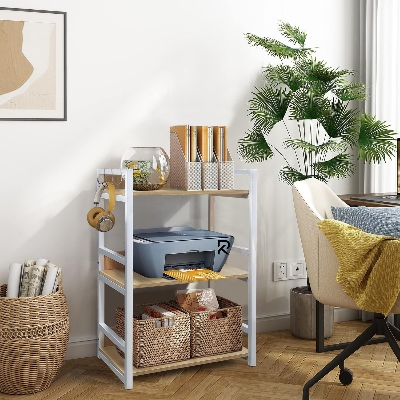 Picture of RK 3 Layer Multifunctional Rack | Kitchen Storage Shelf, Microwave Stand, Cosmetic Shelf Rack | Floor-Mount Shelf with Black Pipe Design | Crafted with Engineered Wood & Metal-White  &  Beige  Finish