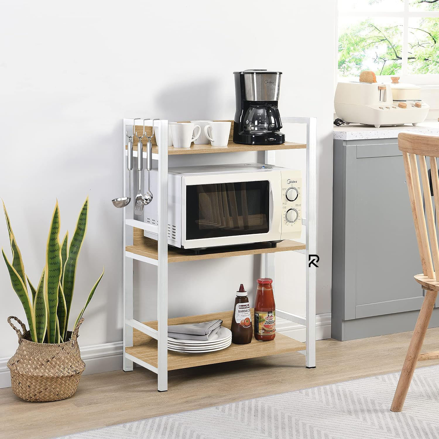 Picture of RK 3 Layer Multifunctional Rack | Kitchen Storage Shelf, Microwave Stand, Cosmetic Shelf Rack | Floor-Mount Shelf with Black Pipe Design | Crafted with Engineered Wood & Metal-White  &  Beige  Finish