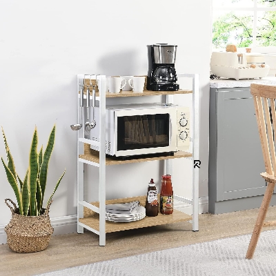 Picture of RK 3 Layer Multifunctional Rack | Kitchen Storage Shelf, Microwave Stand, Cosmetic Shelf Rack | Floor-Mount Shelf with Black Pipe Design | Crafted with Engineered Wood & Metal-White  &  Beige  Finish