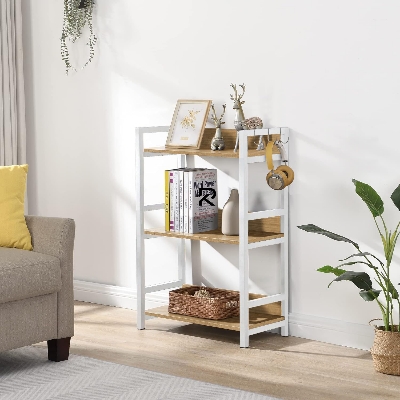 Picture of RK 3 Layer Multifunctional Rack | Kitchen Storage Shelf, Microwave Stand, Cosmetic Shelf Rack | Floor-Mount Shelf with Black Pipe Design | Crafted with Engineered Wood & Metal-White  &  Beige  Finish