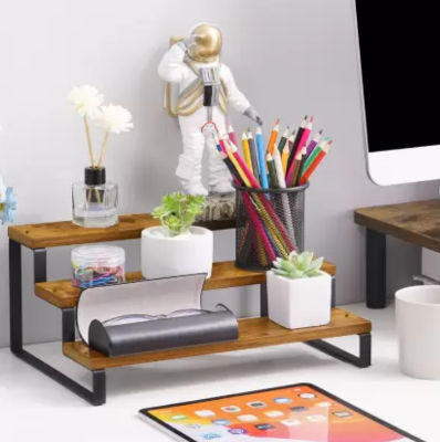 Picture of Multipurpose 3-Step Tabletop Organizer Rack - Engineered Wood Wall Shelf for Home, Kitchen, and Office