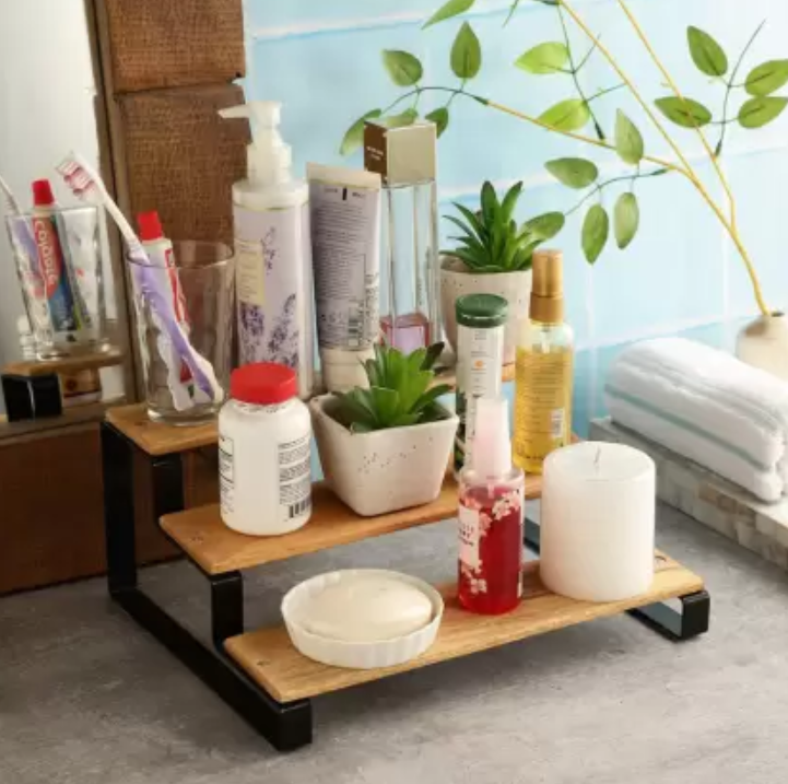 Picture of Multipurpose 3-Step Tabletop Organizer Rack - Engineered Wood Wall Shelf for Home, Kitchen, and Office