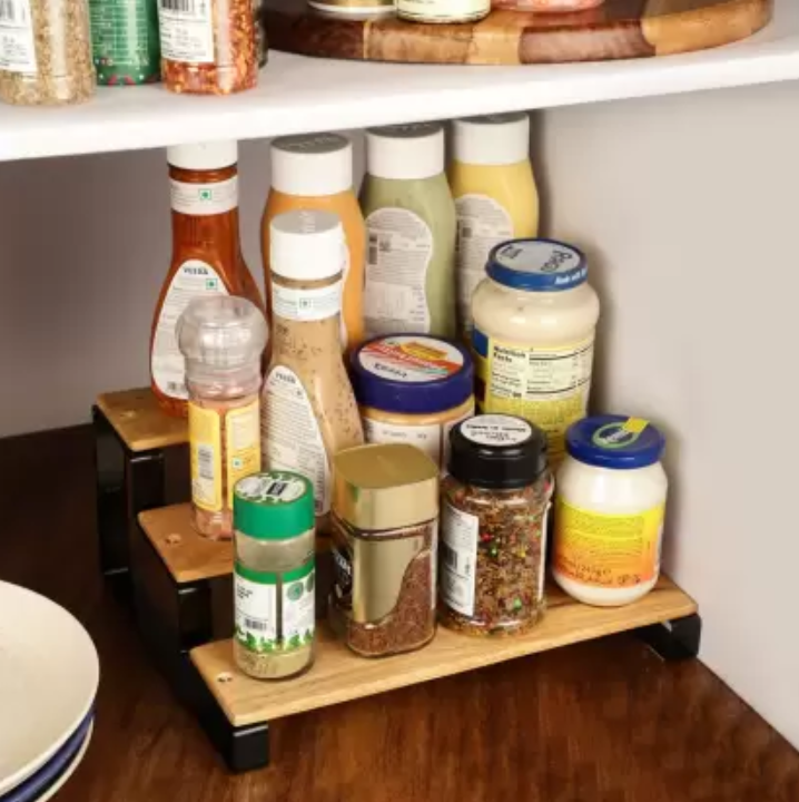 Picture of Multipurpose 3-Step Tabletop Organizer Rack - Engineered Wood Wall Shelf for Home, Kitchen, and Office