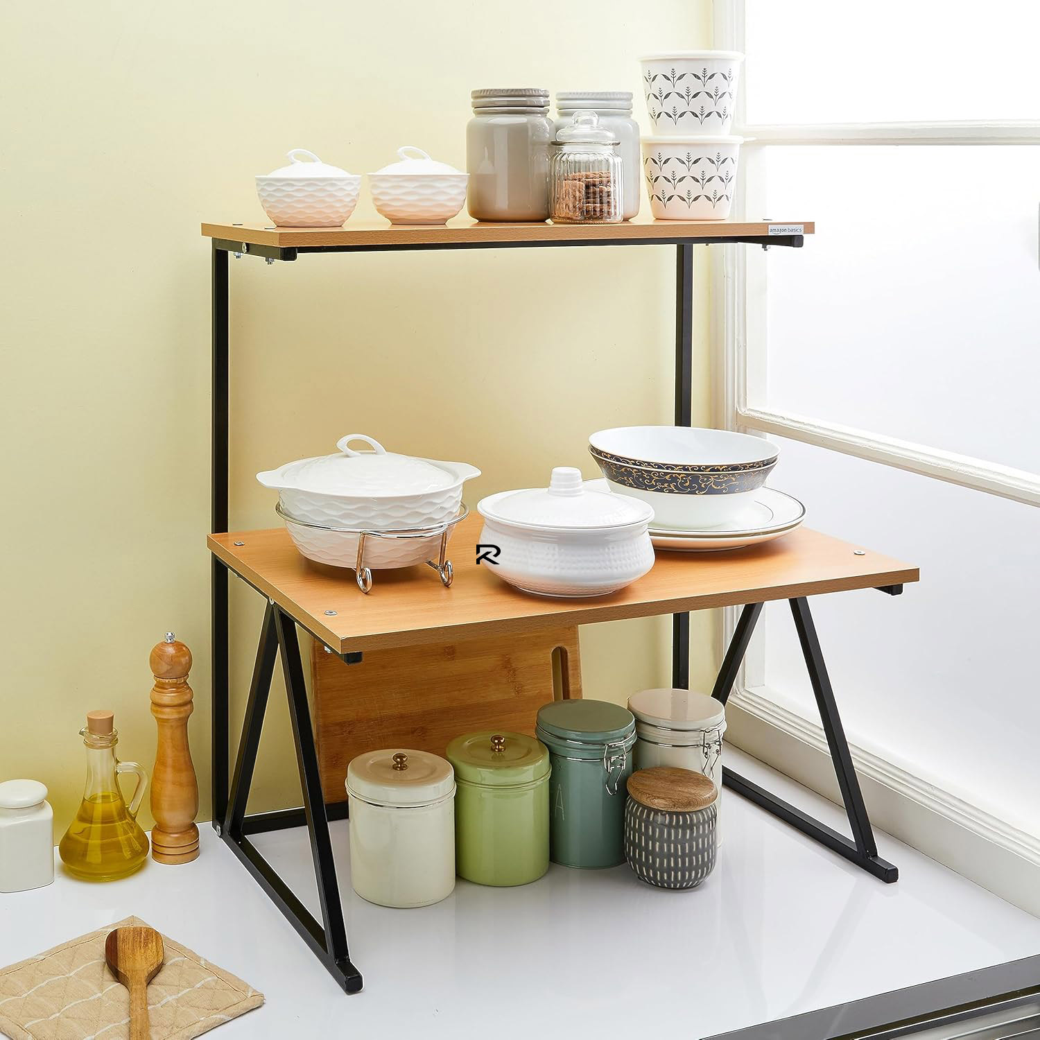 Picture of Indulge Durablity - Premium Quality RK 2 Layer Multifunctional Rack | Kitchen Storage Shelf, Microwave Stand, Cosmetic Shelf Rack | Floor-Mount Shelf with Black Pipe Design | Crafted with Engineered Wood & Metal