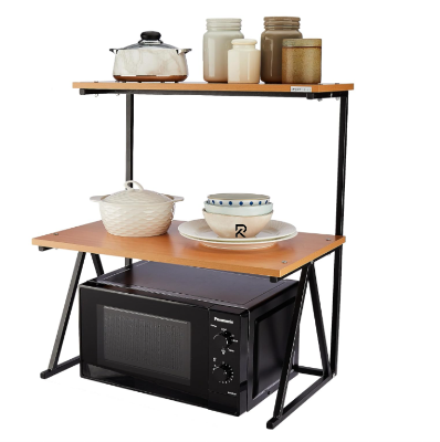 Picture of Indulge Durablity - Premium Quality RK 2 Layer Multifunctional Rack | Kitchen Storage Shelf, Microwave Stand, Cosmetic Shelf Rack | Floor-Mount Shelf with Black Pipe Design | Crafted with Engineered Wood & Metal